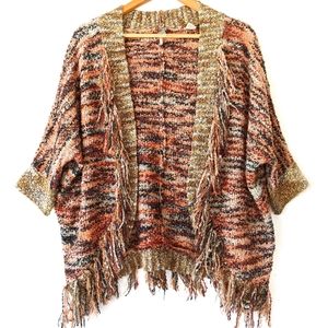 GIMMICKS Buckle boho rust orange fringe wool blend kimono cardigan shawl